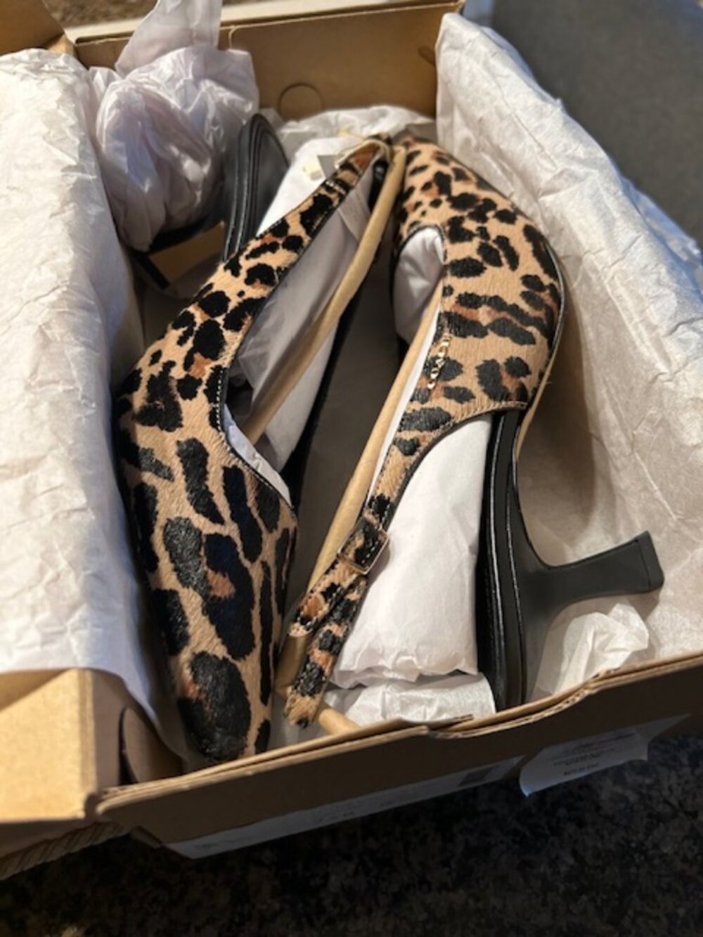 Coach Tan & Black Buckle Closure Slingback Heel With Leopard Print